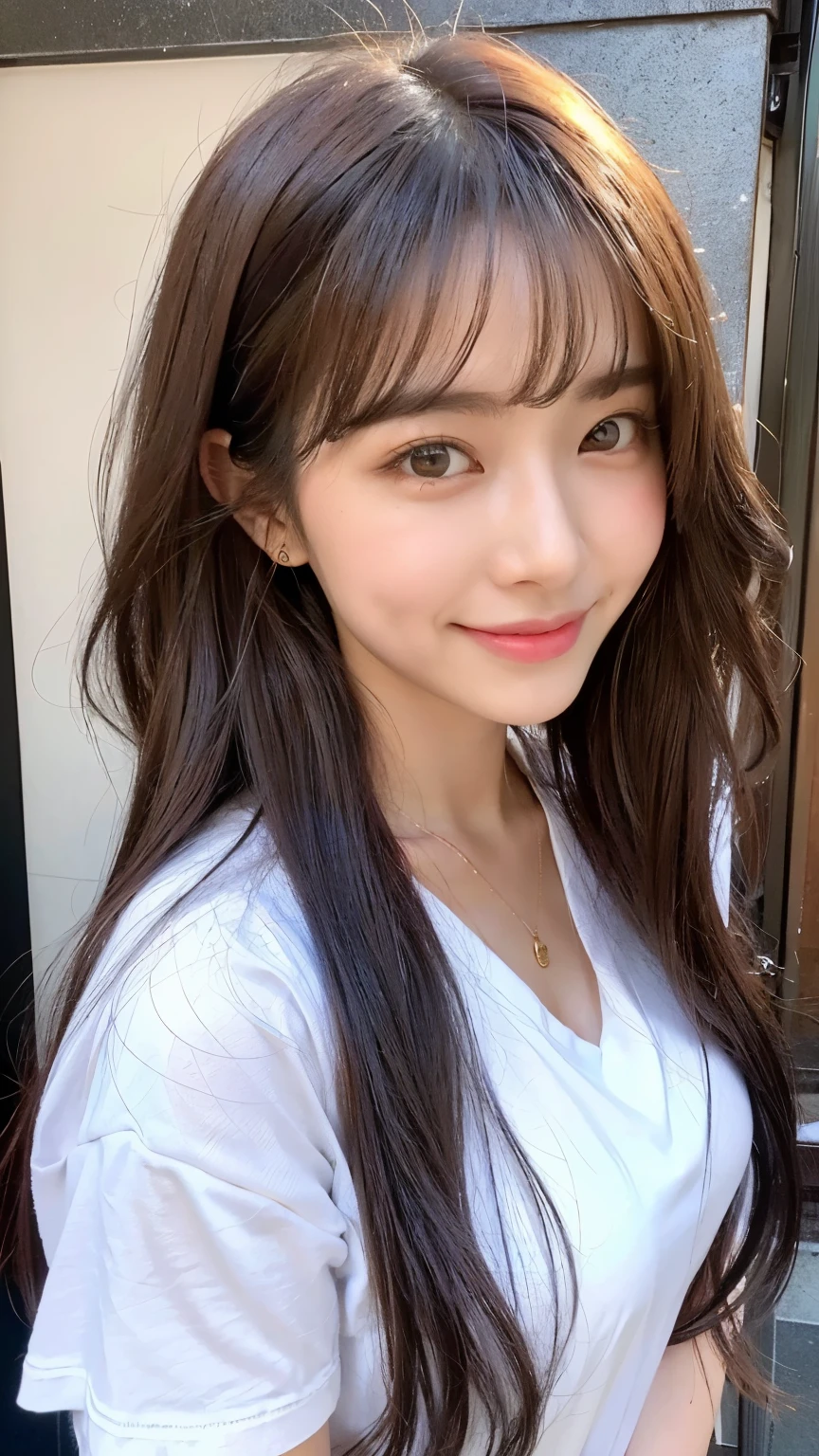 (highest quality、8k、32k、masterpiece、Hmph:1.2)、Cute Japanese Women Photos、Ample breasts、Shortcuts、Face Focus、White T-shirt、necklace、From above、Looking at the audience、Laughter、Dimples、Dynamic Shadows、Wet shiny hair、Sparkling, moist eyes、In the streets of Akihabara