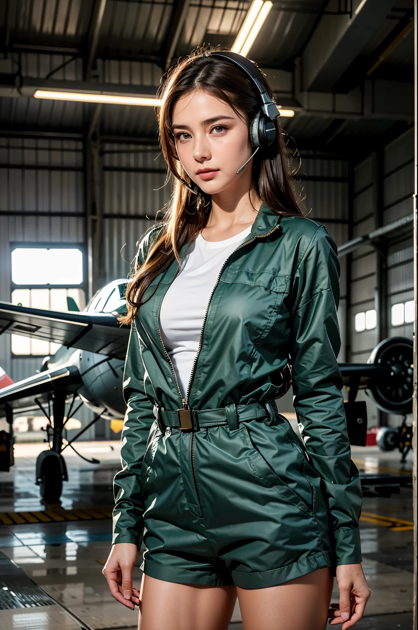 Best quality, ((professional photograph, RAW photo)), Insanely realistic, an extremely delicate and beautiful, ultra high res, realistic lighting and shading, (Realistic image of a extremely pretty female Aircraft mechanic, solo), Inside a spacious Aircraft hangar, Monoplane fighters of the World War II era line the background, Aircraft parts scattered on the floor, Tools for maintenance, She does aircraft maintenance, (wearing Military camouflage patterned Long-sleeved mechanic's coverall), (wearing mechanic's heavy-duty glove), (Wearing a headset), her hair is tied back later, very professional mechanic, inscrutable smile, ((extremely beautiful depiction of the eyes and face)), (insanely beautiful natural skin texture), Accurate eyes, Accurate hands, Well-balanced overall body
