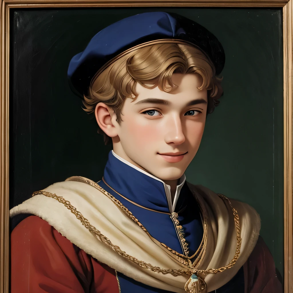 15th century oil painting, age czech prince, smiling teen blond young czech noble young man