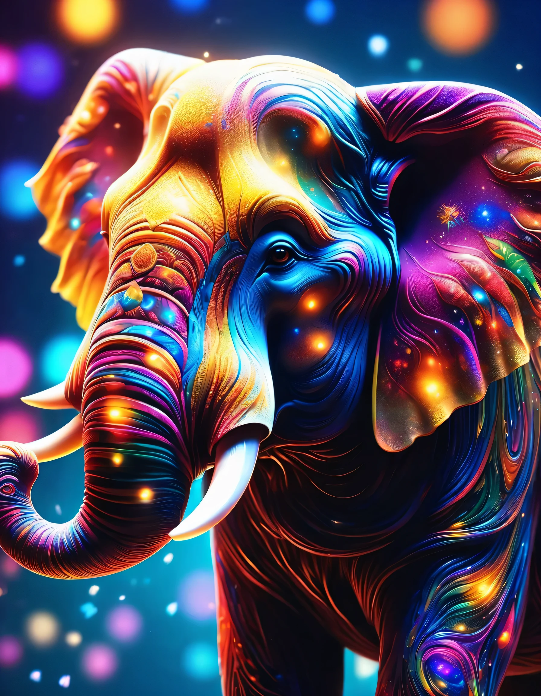 Close-up shot of an elephant,masterpiece,best masterpiece,highest quality,rendering,Rich colors,Cast a colorful spell,dream-like,Further details,In detail,,Bright colors,Beautiful light and shadow,magic,dream-like,Inspiration,beautiful,rendering,colorful,wonderful,Particles of light,Get used to it,masterpiece,best masterpiece,Art work using light,Artistic,Get used to it,