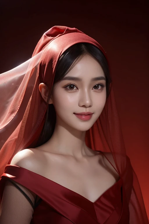 best quality, beautiful Indonesian girl wearing a transparent satin hijab, rose red mixed with black, passionate gaze with a sweet smile, dynamic perfection, smooth, sharp focus, illustration, art, facial details, 4k, heavenly palace background, brownish eyes
