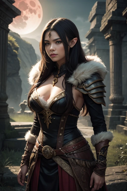 (masterpiece, top quality, best quality, official art, beautiful and aesthetic:1.2), (1girl:1.3), ((Sharp facial features, sharp features, hawkish features)), ((big hair, long elf ears, long black hair)), (((pale purple skin, pale blue skin, blue skin, purple skin))), big tiddy dark elf girl, extremely detailed, portrait, looking at viewer, solo, (full body:0.6), detailed background, full-body shot, (cold night mountain theme:1.1), dark elf war dancer, (spiky winged helmet), charlatan, smirk, mysterious, swaying in mountains, skimpy attire, revealing gladiatrix costume, ebony metal, gold filigree, long boots, dual knives, blood red fabric, pelvic curtain, loincloth, black leather, ((((topless, gigantic breasts, cleavage, skindentation, long legs, pelvic curtain)))), cute belly button, toned tummy, slim waist, slim hips, long legs, medieval (mountain exterior:1.1) background, dark mysterious lighting, shadows, magical atmosphere, dutch angle