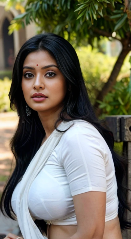 Portrait of A confident-looking Indian woman with long flowing hair, hazel eyes, with flowing capes, big breast, sitting in the park, wearing silk saree, and too much cum in face, mouth  with focus on breast, perfect composition, hyperrealistic, super detailed, 8k, high quality, trending art, trending on artstation, sharp focus, studio photo, intricate details, highly detailed, big 