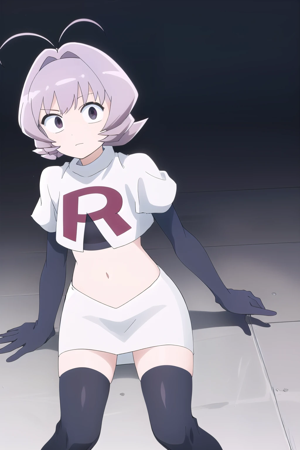 masterpiece, absurdres,male focus, trap, crossdressing,1boy,ON, solo, looking at viewer, team rocket,team rocket uniform,white skirt,red letter R,crop top,black thigh-highs,black elbow gloves, , perfect quality, good quality, masterpiece, HDR, UHD 