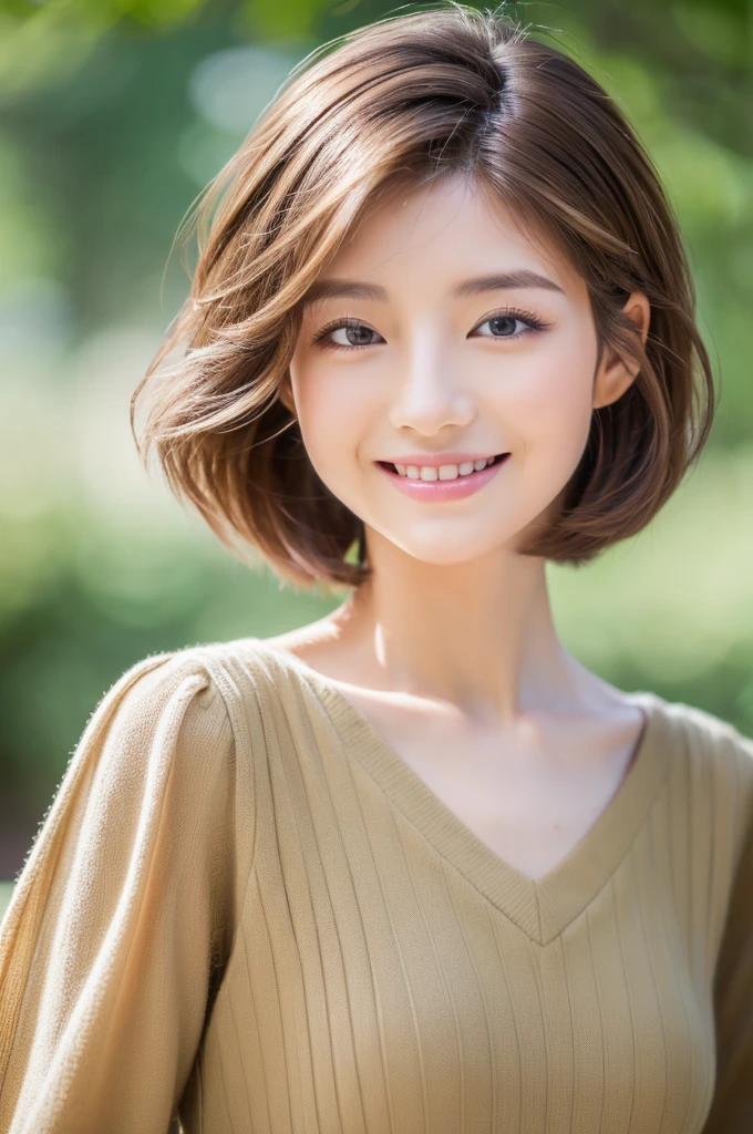 ((highest quality, 8k, masterpiece: 1.3)), 1 girl, The beauty of slim abs: 1.3, (Hairstyle Brown Hair Short Cut, big: 1.2), dress: 1.1, Super slender face, Delicate eyes, double eyelid, smile, Home, RAW Photos
