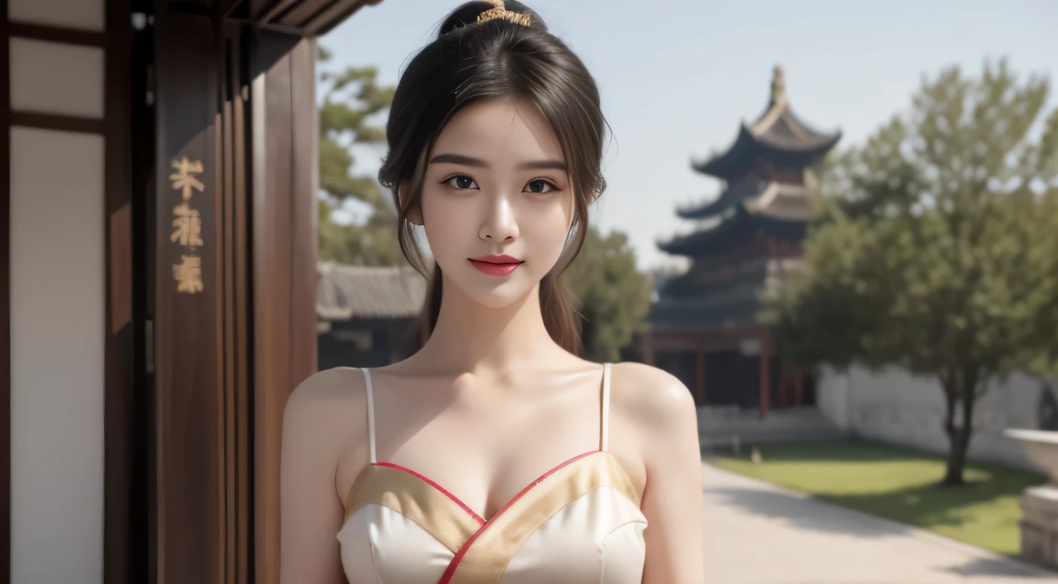 black hair, hair bobbles, wince, longeyelashes, solid circle eyes, light smile, ear blush, fang, Surrealism, drop shadow, anaglyph, stereogram, tachi-e, pov, atmospheric perspective, 8k, super detail, ccurate, best quality,Fine details, Surreal photos,
A girl,long black hair,Gorgeously dressed,Dress nobly,noble robe,noble,embroidery,Woven gold,Yellow and white Hanfu,,Expose bare shoulders,Smooth shoulders,
old Chinese building,Ancient Chinese palaces,Ancient Chinese Royal Palace,Chinese Palace, v-6