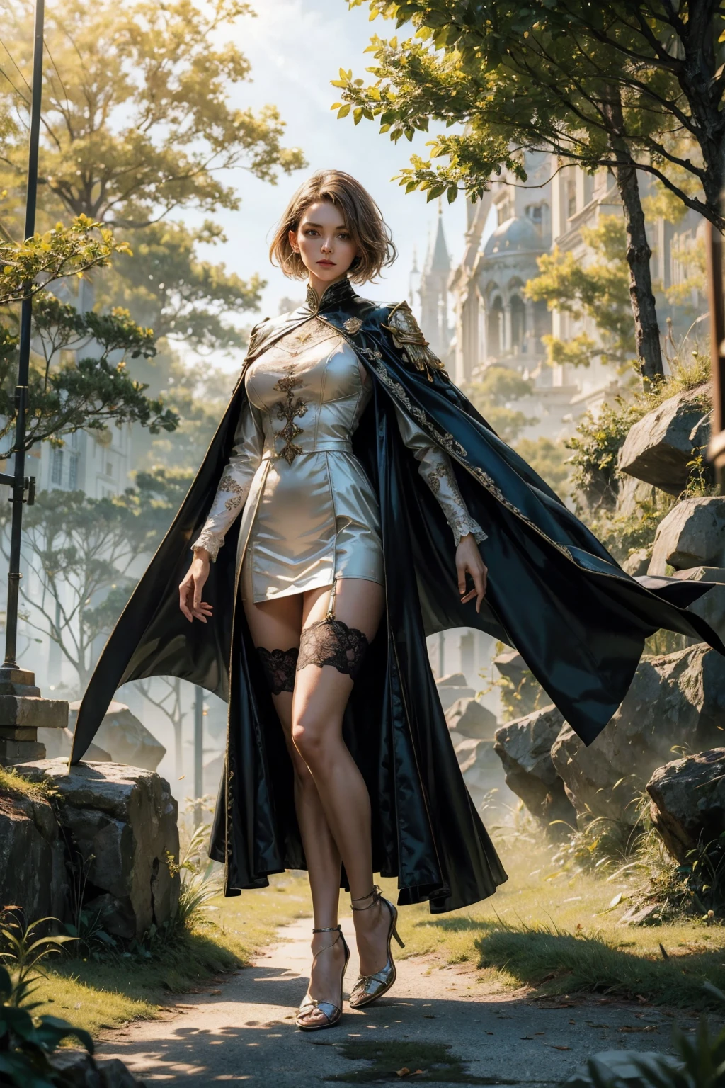 ((show full body from head to toe, standing, body facing to the viewer (show front body)). Tall body, fit body, slender body, medium breast. A female wizard wearing green and white clothes, long sleeves(lace sleeves), skirts, cloak, robes, cape, gloves, stockings, show heels. short hair with updo. Masterpiece:1.5, illustration:1.1, best quality:1.5, fine detail, 4k, HDR, balance focused camera view, middle camera view, vertical scape camera, natural lighting, bright lighting, sunlight, sharp focus, smooth detail, HDR. Outdoor at a town