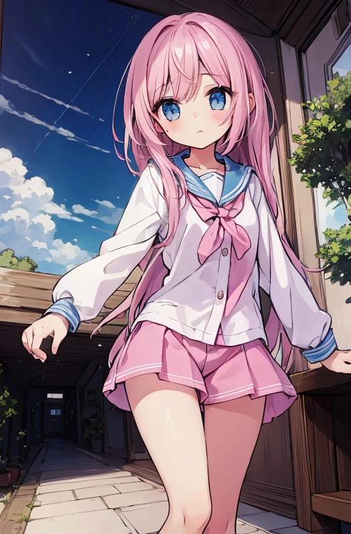Beautiful illustrations, highest quality, (12 year old girl:1.4)、(pretty girl:1.5)、、Flat Chest、Sailor collar、(White long tunic)、Long sleeve sailor suit、Blue-line cuffs、(pink chino shorts:1.4)、(pink shorts with wide opening:1.2)、Gap between thigh and pants、Slim thighs、White socks、 Cinematic lighting, (Pink Long Hair)、Pink Straight Hair、Redness on the cheeks、(Braiding of the back of the head)