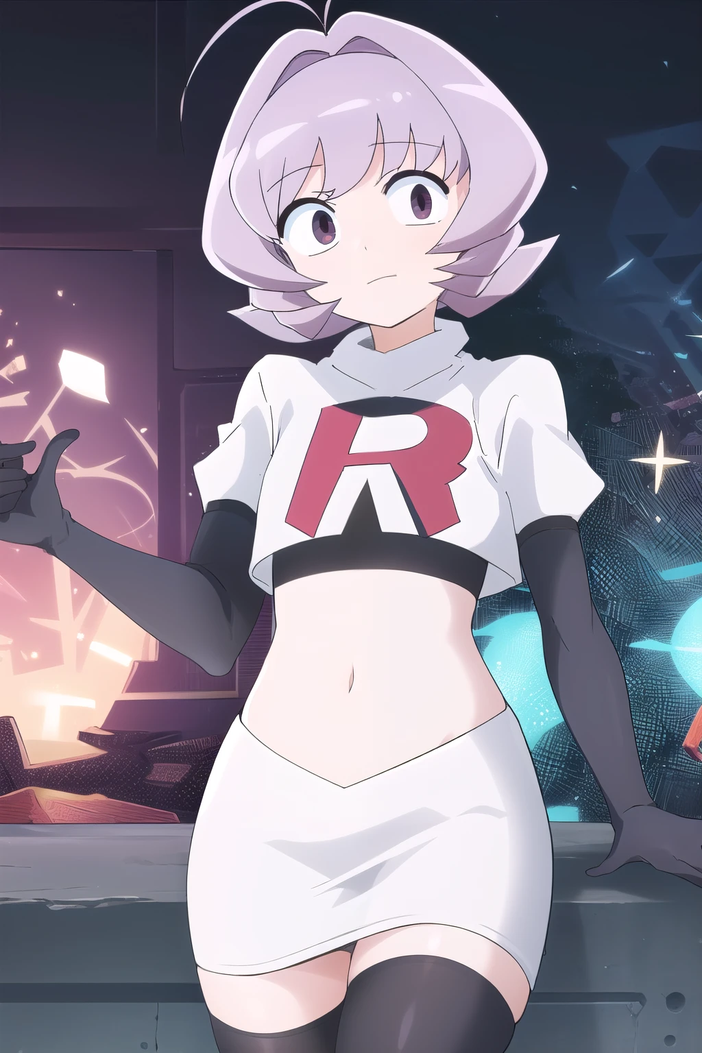 masterpiece, absurdres,male focus, trap, crossdressing,1boy,ON, solo, looking at viewer, team rocket,team rocket uniform,white skirt,red letter R,crop top,black thigh-highs,black elbow gloves, , perfect quality, good quality, masterpiece, HDR, UHD 