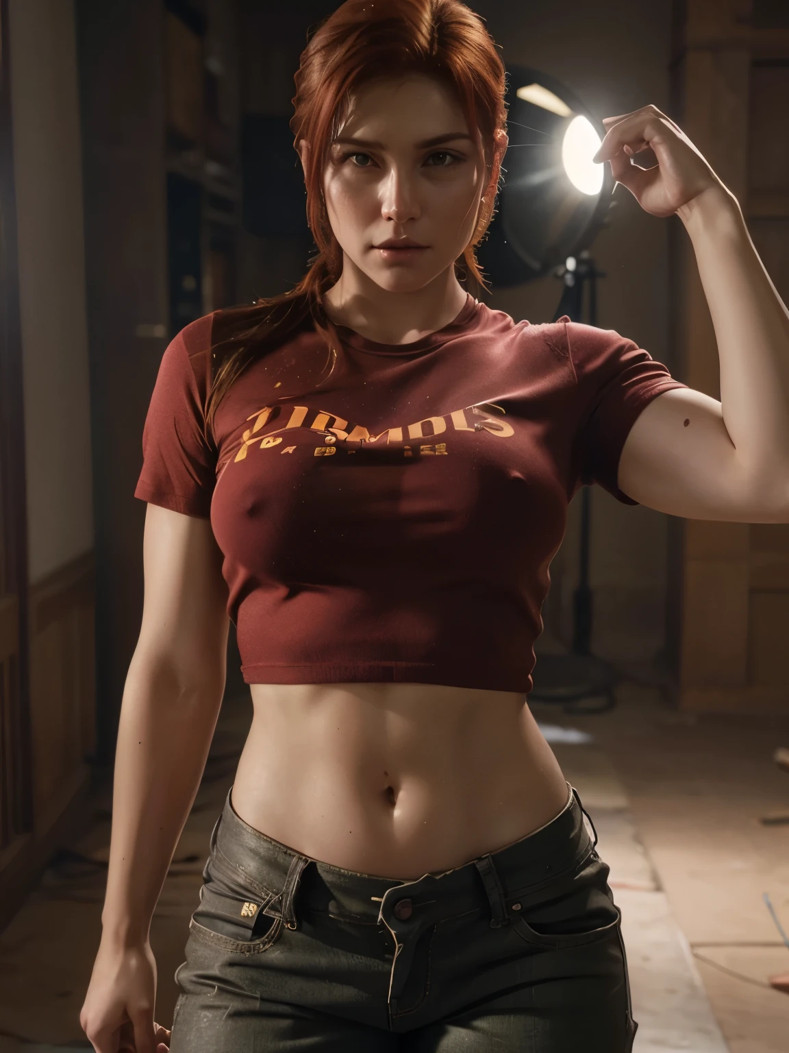 Claire Redfield. 18 years, pelirrojo, beautiful pelirrojo, hermosos pantalones cortos, camisa corta ajustada, nipple highlighting the outfit,ultra detallado,Colores vibrantes,studio lighting,Physically based representation,sharp focus