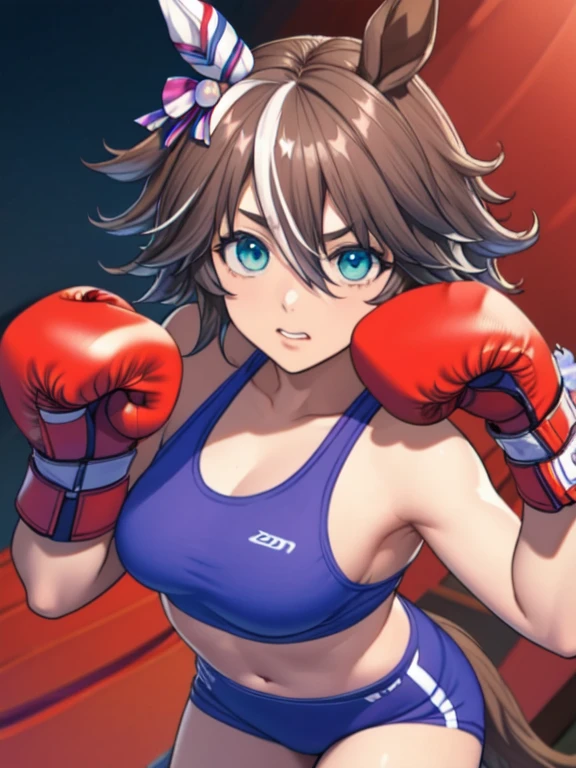 Wonder Acute \(umamusume\), Female boxer,, ((red boxing gloves)), pink sports bra, boxing ring, ((boxing gloves on both hands)), one fist sticking forward, straight punch