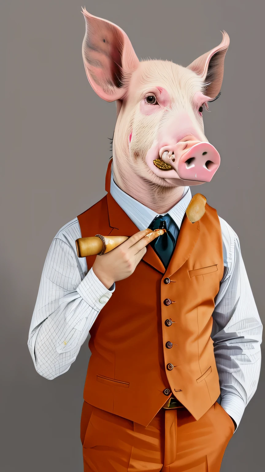 painting of a pig dressed in a suit and tie smoking a pipe, pig and new york hybrid, a pig, pig in tuxedo, Pig pig pig, Anthropomorphic Warrior Pig, ManBearPig, Animal cartoonist, inspired by Ralph Horsley, Inspired by William Bernie Lind, author:Amos Ferguson, author:John Munan