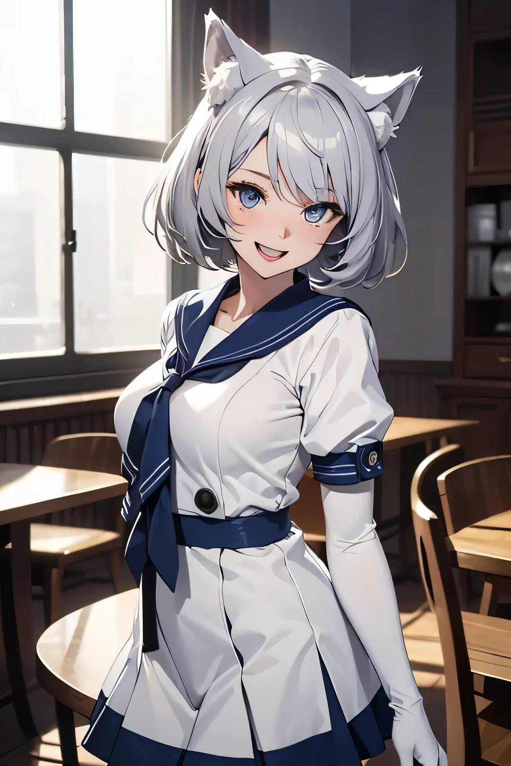 Tabletop　high resolution　Best image quality　8k　 Adult female　Portraiture　White long gloves（Elbow Gloves）　White Pantyhose　Sailor suit（No sleeve）　Navy blue mini skirt　　White wolf ears　short hair（（Shortcuts）（Gray Hair）（Perm）（fluffy））　Eye color is blue　Fascinating face（（Laughter）（smile）（Open your mouth））　