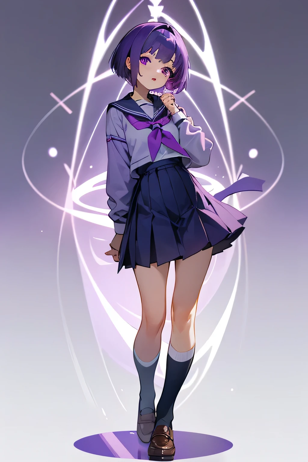 Please play the role of a girl with short purple hair, purple eyes, wearing a sailor uniform, relax, open her mouth slightly, stand straight, and have a full body view.