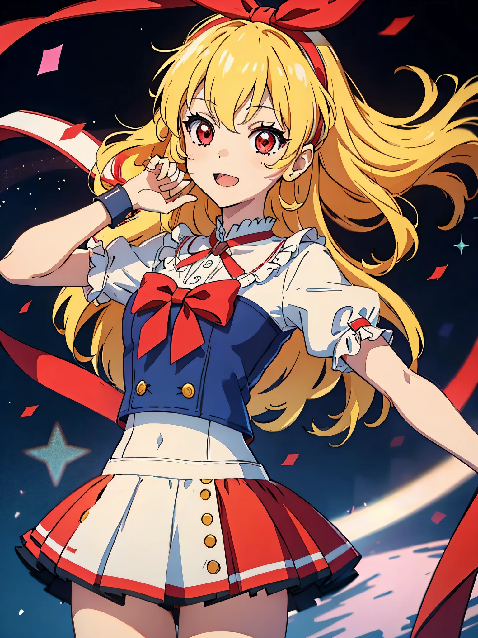 (red ribbon on hairband:1.2),（8K, best quality, muste piece:1.2)、ultra high resolution,1 very cute girl,hosimiya ichigo,ultra-detailed face, detailed eyes,RED eyes,,masterpiece, best quality, extremely detailed, 1 girl,Super idol, Super idol costume, live stage, confetti1 girl, 