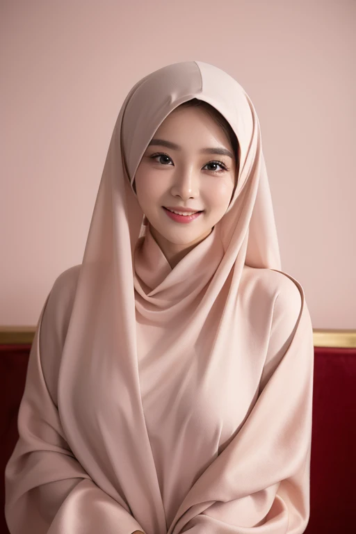 [Raw Photo :1.2], Photorealistic, Best Quality, [masterpiece:1.6], Fine Detail, Dynamic Lighting, Ray Tracing, 1 beautiful hijab girl, background center of a large palace, open space with a marble architecture, beautiful dress muslim, intricate patterns and chiffon, color outfits is light pink, headscarf, elegant pose, indicating fair weather, upper body photo, beautiful body, very fine face, very fine eyes, very detailed face, perfect lighting, very beautiful, clear focus, elegant smile, eyes looking to camera