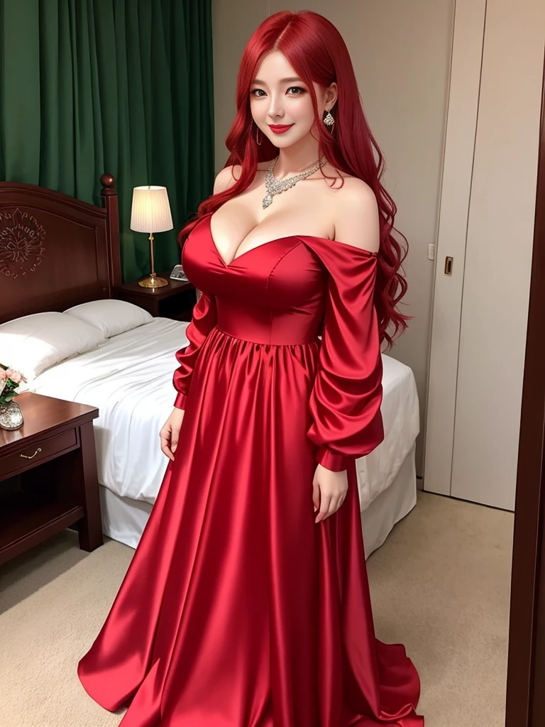 1girl, long hair, red hair, green eyes, pink lips, red eyeshadow, diamond necklace, smile, blush, happy face, full body, huge breasts, mature female, korean girl, gown dress, long dress, off shoulder dress, red dress, bedroom,
