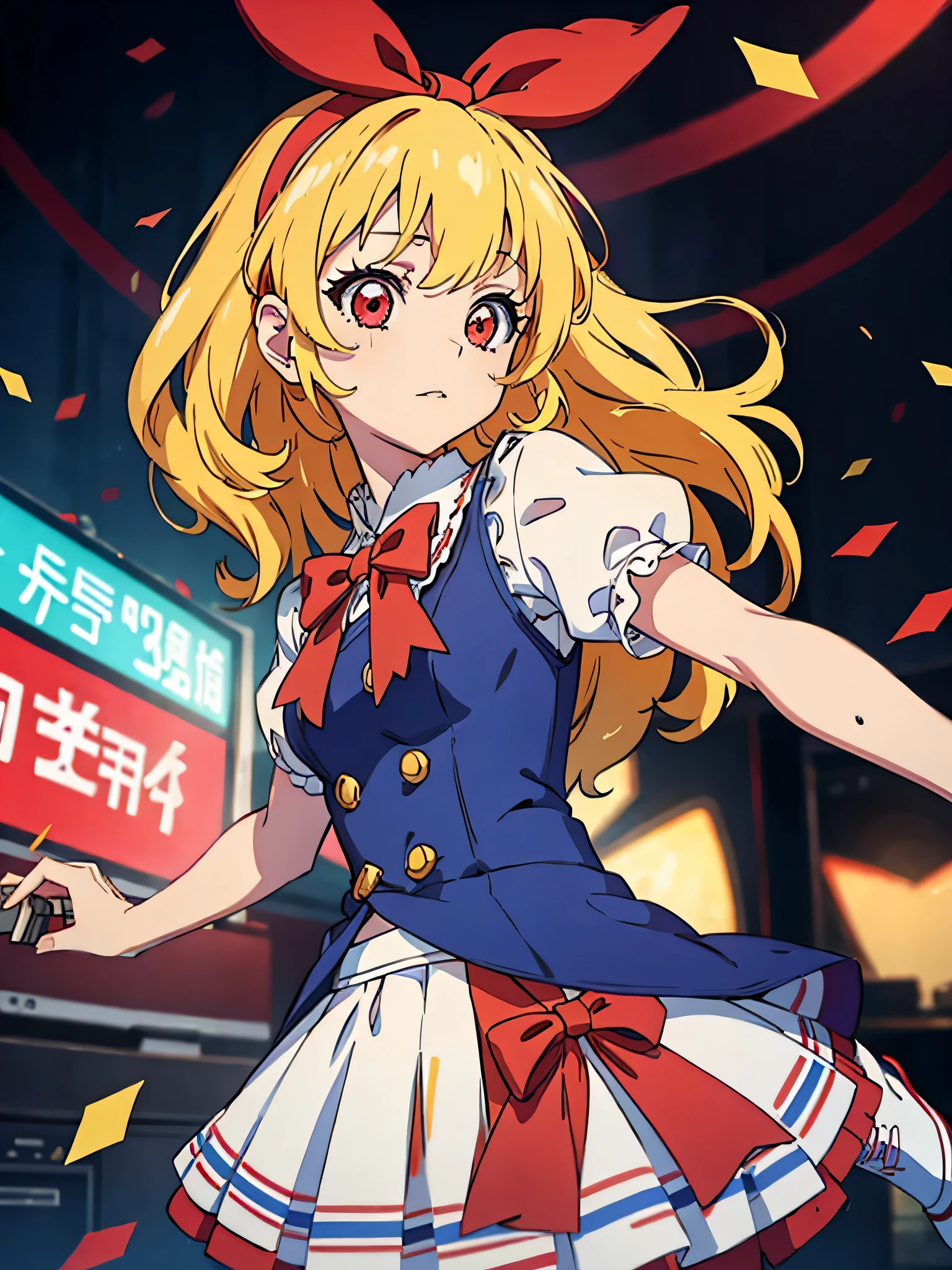 (red ribbon on hairband:1.2),（8K, best quality, muste piece:1.2)、ultra high resolution,1 very cute girl,hosimiya ichigo,ultra-detailed face, detailed eyes,RED eyes,,masterpiece, best quality, extremely detailed, 1 girl,Super idol, Super idol costume, live stage, confetti1 girl, 