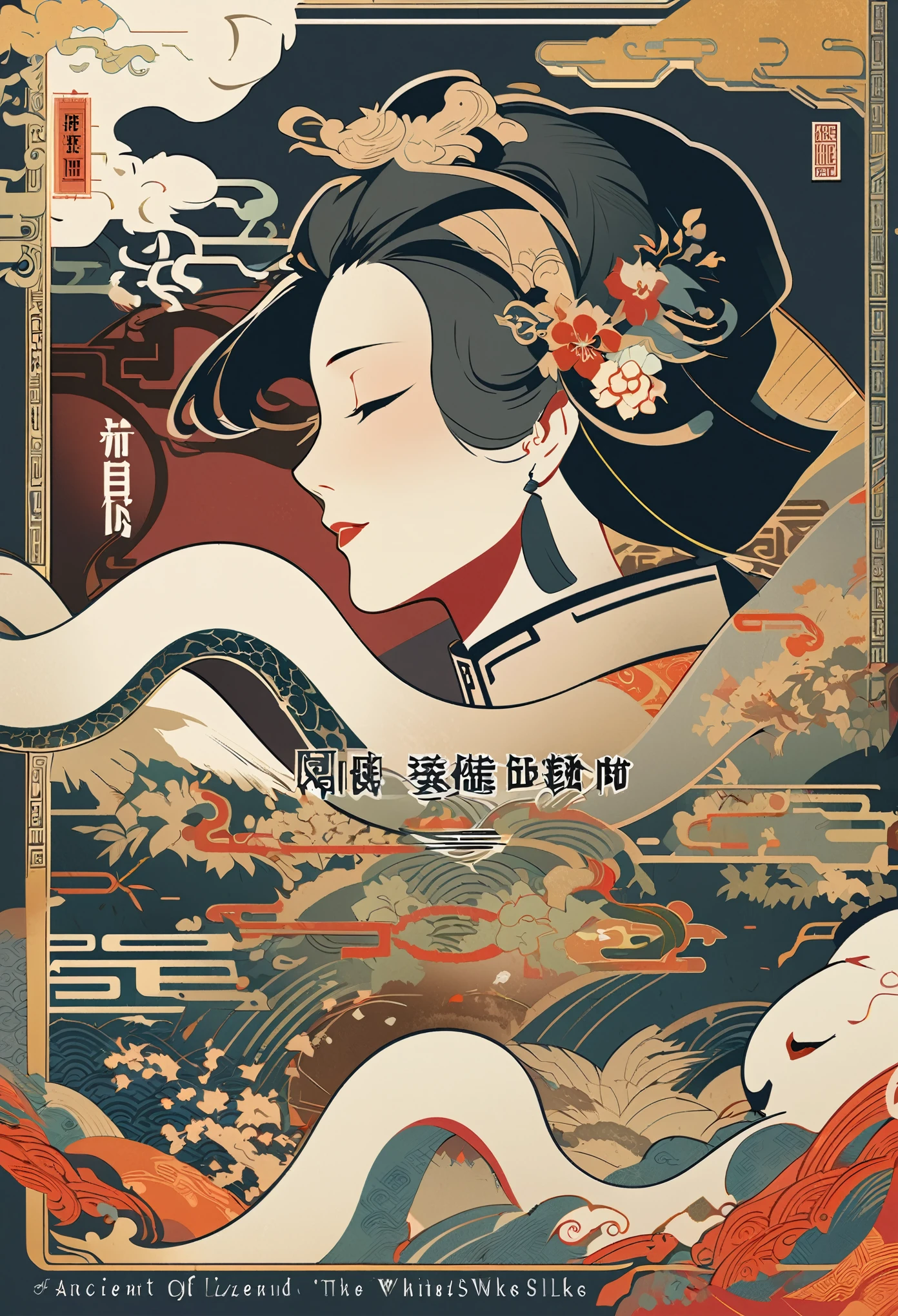 cover page, Four major folk legends of ancient China, The Legend of the White Snake, Bai she zhuàn, flat Design, vector illustrations, graphic illustration, detailed 2d illustration, flat illustration, digital illustration, digital artwork,