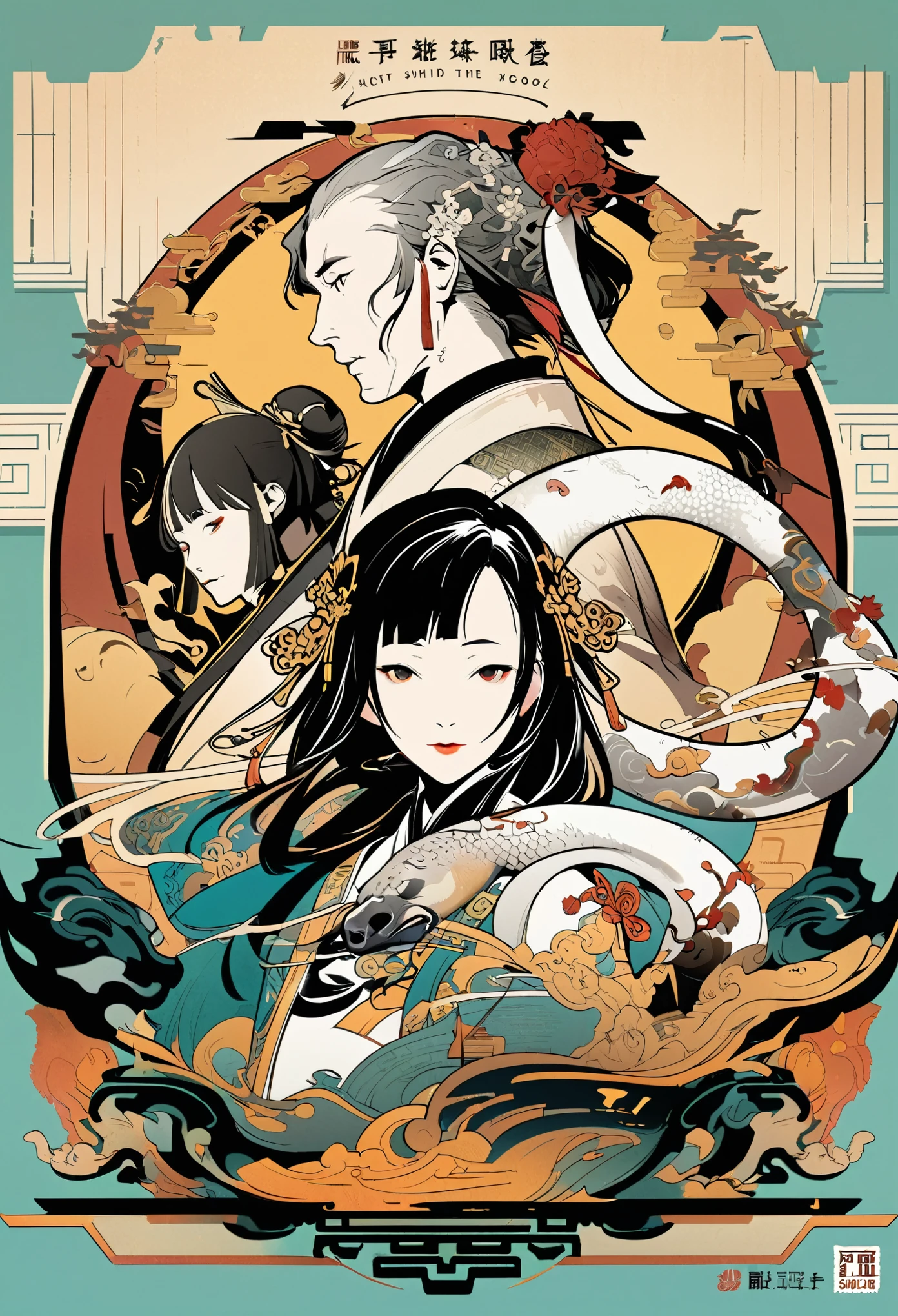 cover page, Four major folk legends of ancient China, The Legend of the White Snake, Bai she zhuàn, flat Design, vector illustrations, graphic illustration, detailed 2d illustration, flat illustration, digital illustration, digital artwork,