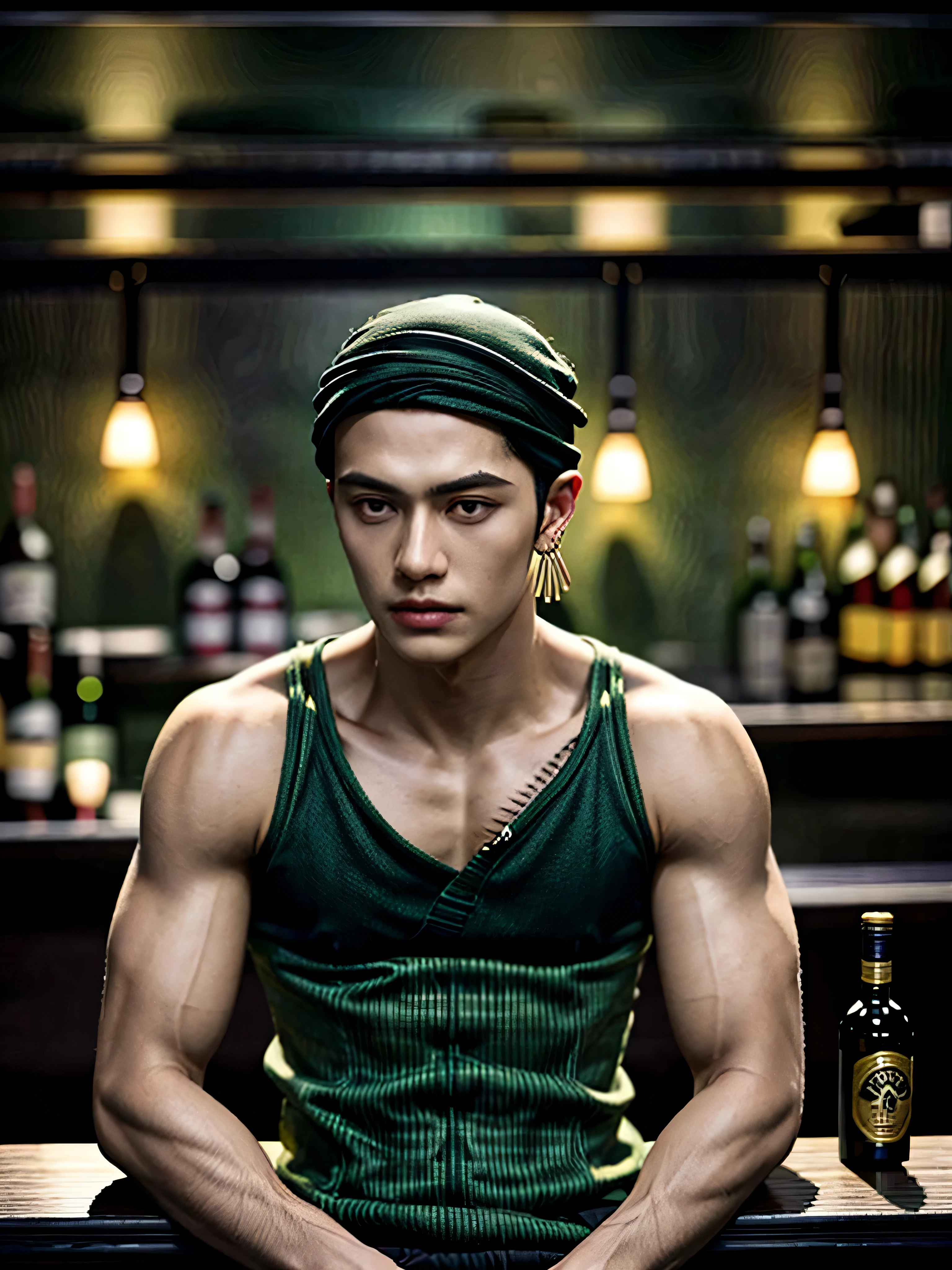 Ultra realistic, highly detailed, high definition, masterpiece, 1 young cute male, solo, Highly detailed face, perfect eyes, mascular body, highly detailed body, full body view, short spikey hair, green colour hair, earings on left ear, scars over left eye, scars over chest, visible shoulder bone, holding katana, wearing black bandana, male looks like roronoa zoro, drinking alcohol, highly detailed background,bar background, cinematic , raw photo, shot on sony,