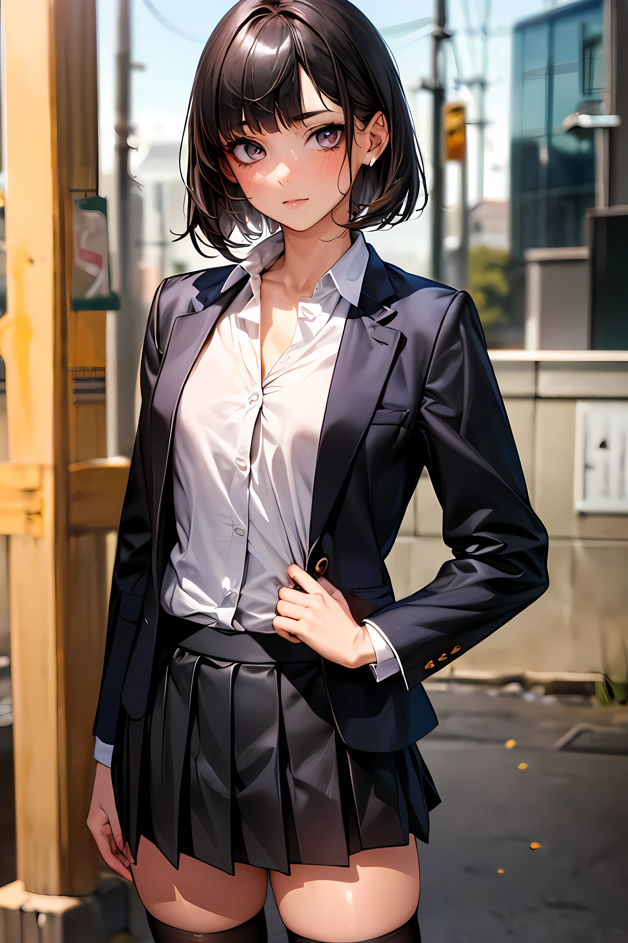 (((perfect anatomy,realistic:1.4,RAW Photography:1.4,masterpiece、highest quality、Ultra - High resolution、High resolution、Highly detailed CG、8K))),cowboy shot,1 female,solo,18 year old beauty,Japanese,((beautiful detailed face and eyes:1.3,big gorgeous eyes:1.3,gray eyes)),black hair,short bob hair,blunt bangs,,blush,(medium breasts,slender body,small head:1.3,skinny),(gleaming skin:1.4,shiny skin),((oily skin:1.4)),(School uniform、Black blazer jacket、Pleated black mini skirt,black_thighhighs),standing,spread legs:1.5,on street,Tokyo、