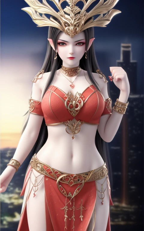 Excellent, masterpiece, black hair, Red Dress, look up, (Huge sagging breasts、Cleavage, cleveage、Thick thighs)), hair, White skin, Dissemination, Red Theme, skirt, Red Dress, conservative skirt