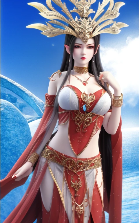 Excellent, masterpiece, black hair, Red Dress, look up, (Huge sagging breasts、Cleavage, cleveage、Thick thighs)), hair, White skin, Dissemination, Red Theme, skirt, Red Dress, conservative skirt