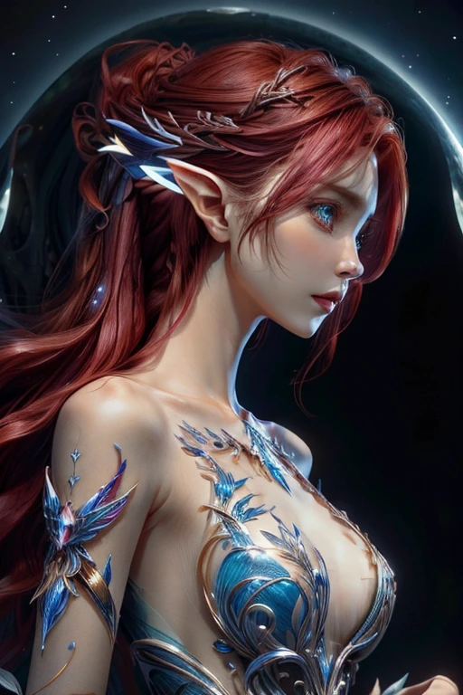 The is very detailed, A high resolution of a skinny girl wearing a skimpy dress, Best quality at best, masterpiece:1.2, actual, Detailed eyes, Detailed lips, Extremely detailed eyes and face, reddish pink hair, Long eyelashes, portrait, oil painted, ethereal, floating hair, cosmic, goddess, Particle, The halo, Bio-luminescence:0.95, A vibrant, Colorful, glowing, Complex composition, Movie Lighting, Complex, Symmetrical:0.5, Surreal; upper body, semi-profile, no gravity physics