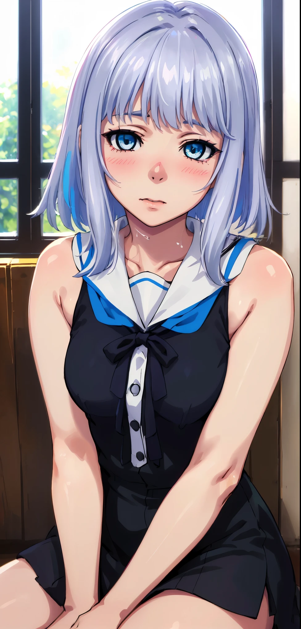 1girl,KanonKanase,blush,mediumbreasts,sleeveless,sitting,cum,cumonface,aftersex,(dress),illustration,ultra-detailed,vividcolors,(bestquality,4k,8k,highres,masterpiece:1.2),ultra-detailed,(realistic,photorealistic,photo-realistic:1.37),portraits,pastelcolors,sunlight