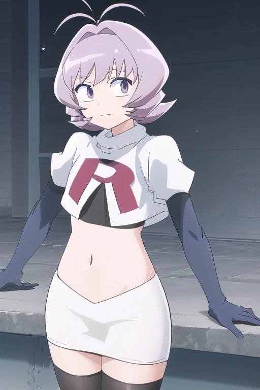 masterpiece, absurdres,male focus, trap, crossdressing,1boy,ON, solo, looking at viewer, team rocket,team rocket uniform,white skirt,red letter R,crop top,black thigh-highs,black elbow gloves, , perfect quality, good quality, masterpiece, HDR, UHD 