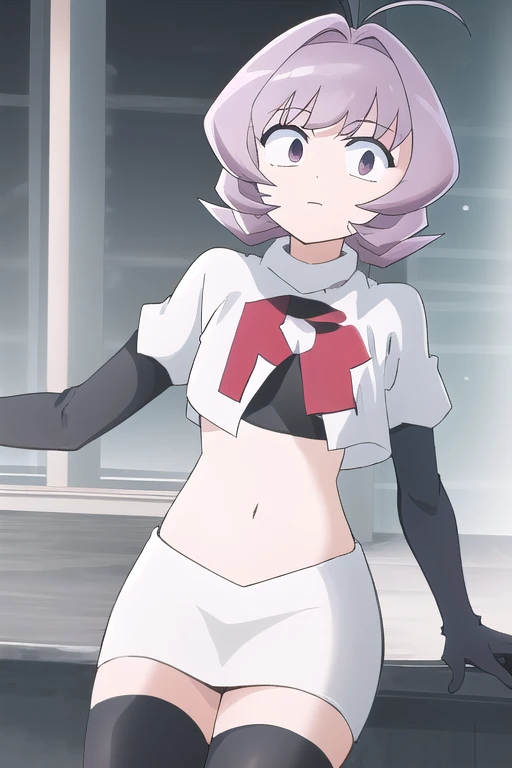 masterpiece, absurdres,male focus, trap, crossdressing,1boy,ON, solo, looking at viewer, team rocket,team rocket uniform,white skirt,red letter R,crop top,black thigh-highs,black elbow gloves, , perfect quality, good quality, masterpiece, HDR, UHD 
