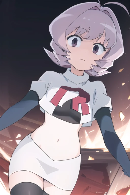 masterpiece, absurdres,male focus, trap, crossdressing,1boy,ON, solo, looking at viewer, team rocket,team rocket uniform,white skirt,red letter R,crop top,black thigh-highs,black elbow gloves, , perfect quality, good quality, masterpiece, HDR, UHD 