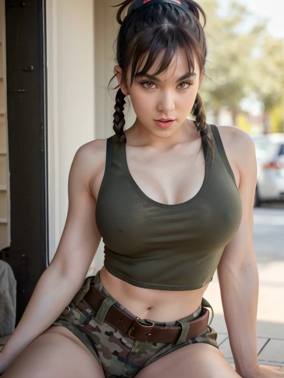 Sexy military babe with short hair in short pigtails tight olive green tank top hard nipples sexy pose full body slutty expression