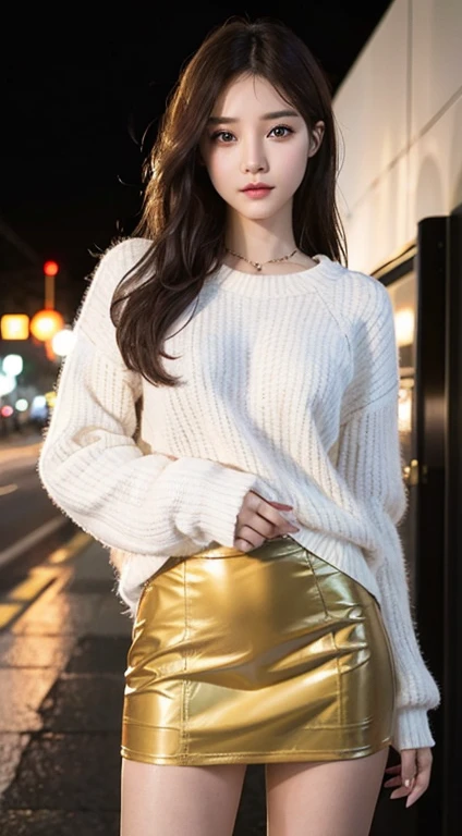 Asian young women, A fashion model, Wear a miniskirt, Glamour, paparazzi taking pictures of her, drown hair, golden eyes, 8K, High quality, Masterpiece, Best quality, HD, Extremely detailed, voluminetric lighting, Photorealistic