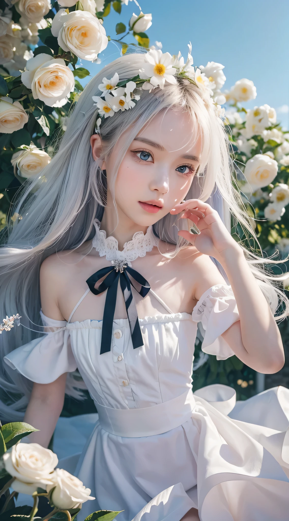 (masterpiece, best quality:1.6), white lace dress, cowboy shot, thighs, beautiful girl, (flowers, many small white petals:1.3), garden, blue sky, looking at viewer, small waist, official art, raw photo, incredibly absurdres, facelight, dynamic lighting, cinematic lighting, ultra realistic, highres, photography, sharp focus, highest detailed, extreme detailed, ultra detailed, finely detail, extremely detailed eyes and face