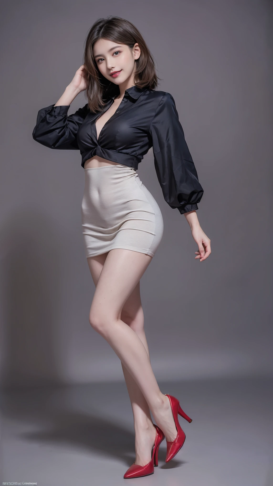 highest quality,masterpiece,Ultra-high resolution,Original photo,Ultra-high resolution，A beautiful 25-year-old woman wearing women&#39;s fashions popular in the 1980s，Long legs:1.5，high waist，Flashy makeup using red eyeshadow，Big smile，Short cut with delicate side waves，Full Body，Gray background，