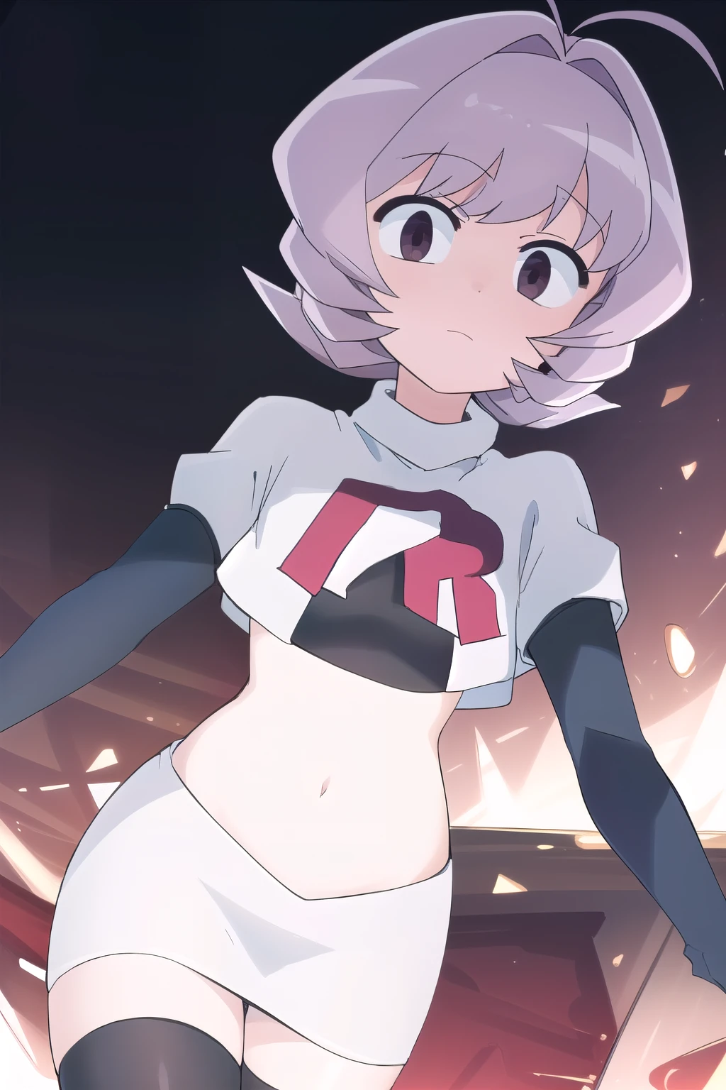 masterpiece, absurdres,male focus, trap, crossdressing,1boy,ON, solo, looking at viewer, team rocket,team rocket uniform,white skirt,red letter R,crop top,black thigh-highs,black elbow gloves, , perfect quality, good quality, masterpiece, HDR, UHD 