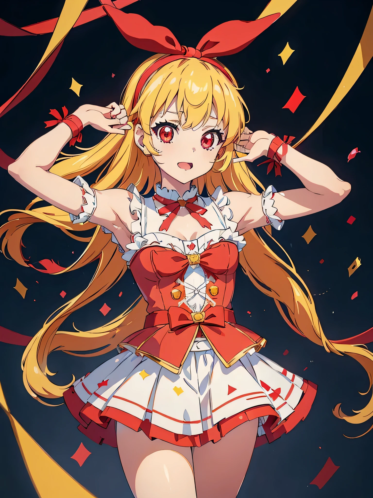 (red ribbon on hairband:1.2),（8K, best quality, muste piece:1.2)、ultra high resolution,1 very cute girl,hosimiya ichigo,ultra-detailed face, detailed eyes,RED eyes,,masterpiece, best quality, extremely detailed, 1 girl,ultimate idol, ultimate idol costume, live stage, confetti1 girl, 