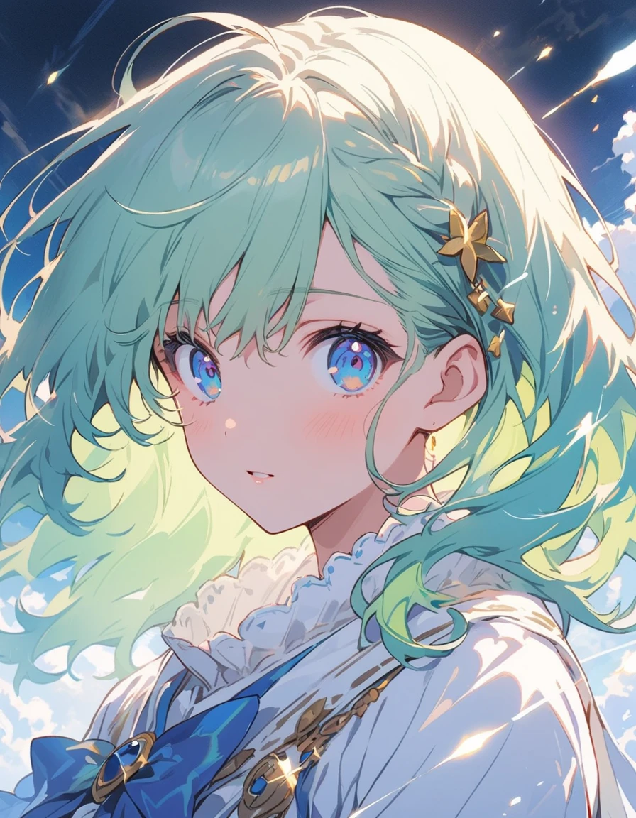(antique style, Girlish: 1.2, Yellow-green hair: 1.1, blue eyes: 1.1, Big eyeaid)、(highest quality、masterpiece、High resolution、detailed)、animeスタイル、Flat Style、(Beautiful Eyes,、detailed美しい顔), BREAK,1 girl、floating, (High saturation), (Shine), Focus on the face, Dynamic Angle、anime