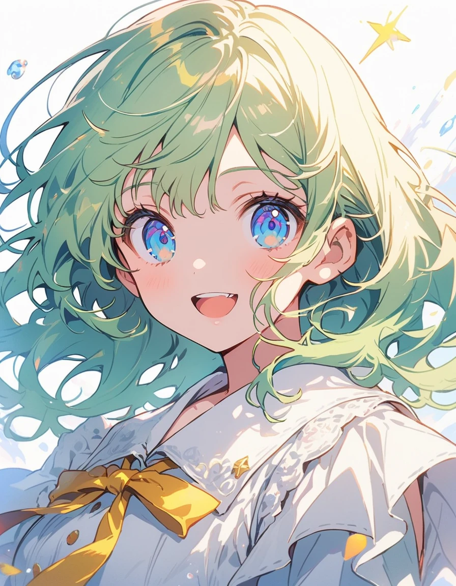 (antique style, Girlish: 1.2, Yellow-green hair: 1.1, blue eyes: 1.1, Big eyeaid)、(highest quality、masterpiece、High resolution、detailed)、animeスタイル、Flat Style、(Beautiful Eyes,、detailed美しい顔), BREAK,1 girl、floating, (High saturation), (Shine), Focus on the face, Dynamic Angle、anime
