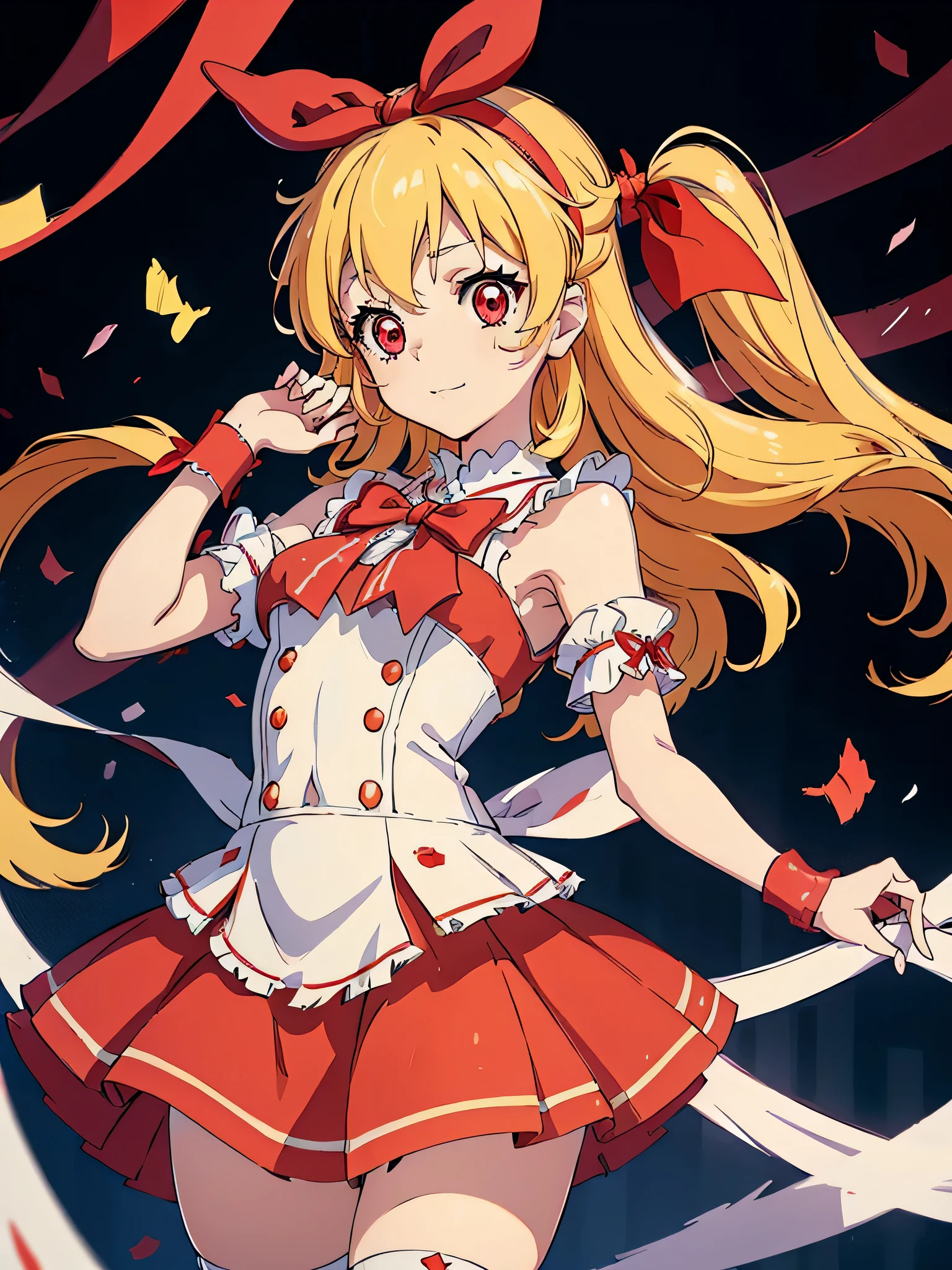 (red ribbon on hairband:1.2),（8K, best quality, muste piece:1.2)、ultra high resolution,1 very cute girl,hosimiya ichigo,ultra-detailed face, detailed eyes,RED eyes,,masterpiece, best quality, extremely detailed, 1 girl,ultimate idol, ultimate idol costume, live stage, confetti1 girl, 