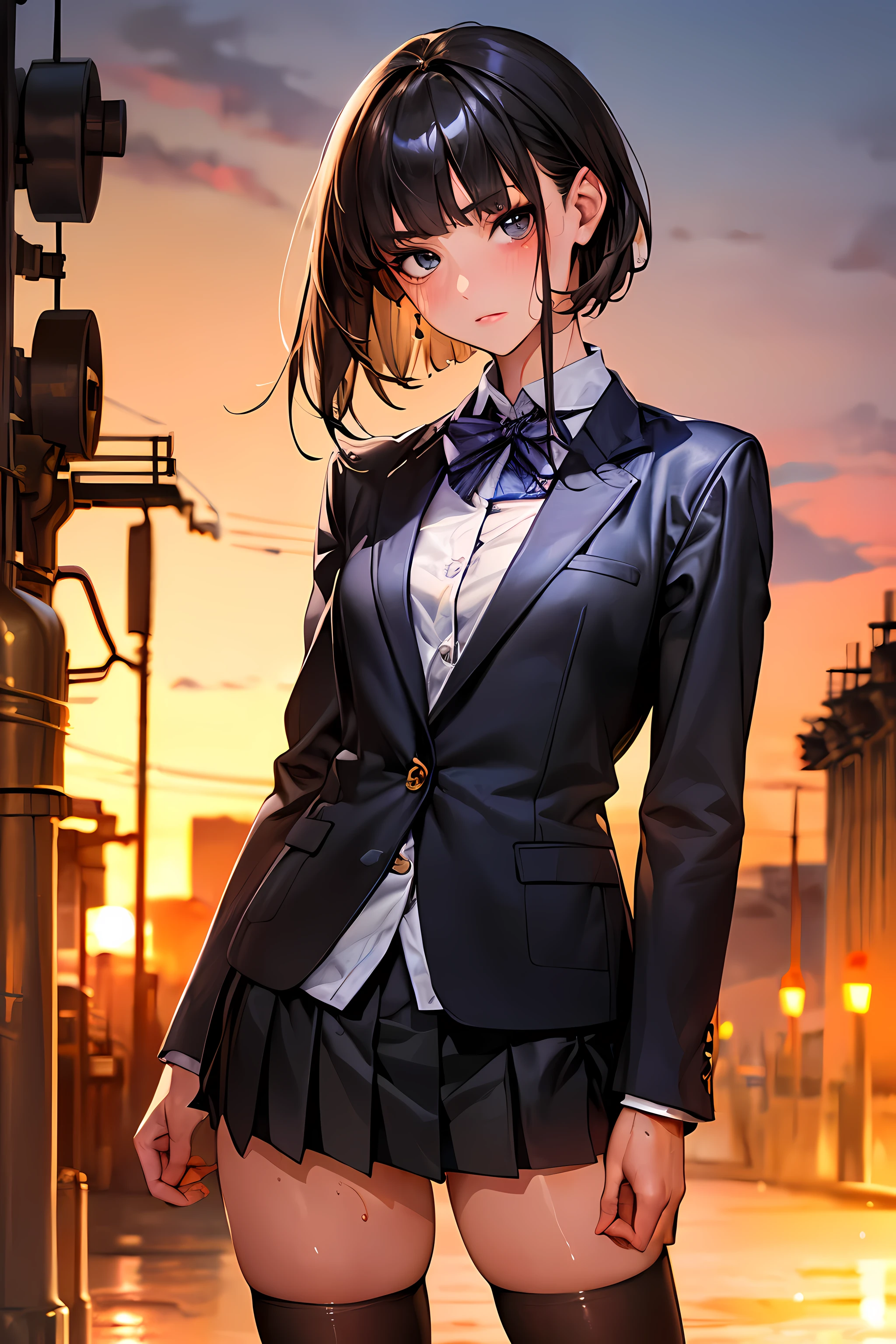 (((perfect anatomy,realistic:1.4,RAW Photography:1.4,masterpiece、highest quality、Ultra - High resolution、High resolution、Highly detailed CG、8K))),cowboy shot,1 female,solo,18 year old beauty,Japanese,((beautiful detailed face and eyes:1.3,big gorgeous eyes:1.3,gray eyes)),black hair,short bob hair,blunt bangs,,blush,(medium breasts,slender body,small head:1.3,skinny),(gleaming skin:1.4,shiny skin),((oily skin:1.7)),(School uniform、Black blazer jacket、Pleated black mini skirt,black_thighhighs),standing,spread legs:1.5,on street,Tokyo、