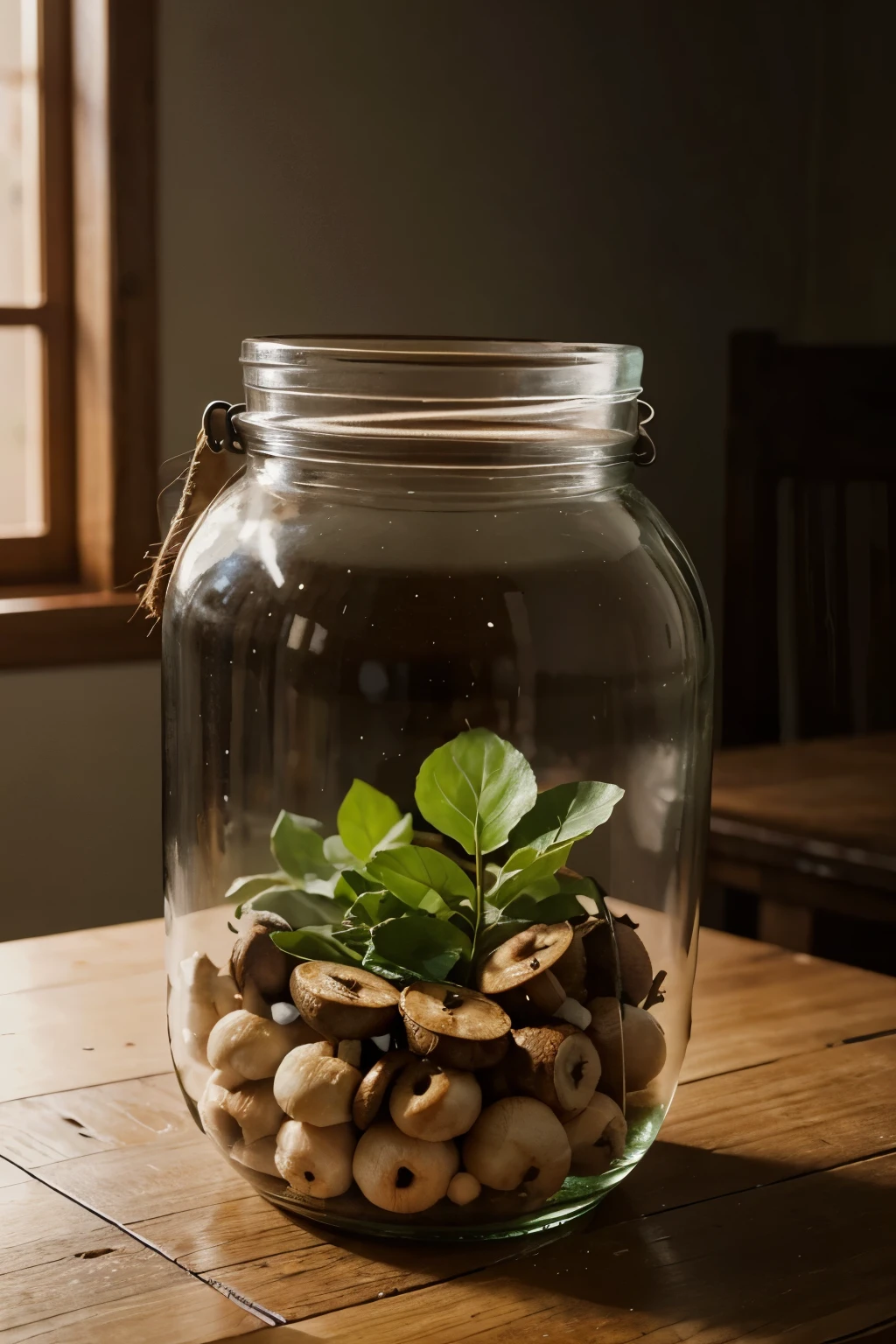 a photography Art masterpiece capturing fresh various mushrooms inside a traditional porcelain jar. Focus on hyperrealistic details to enhance the aesthetic appeal of this food photography subject.