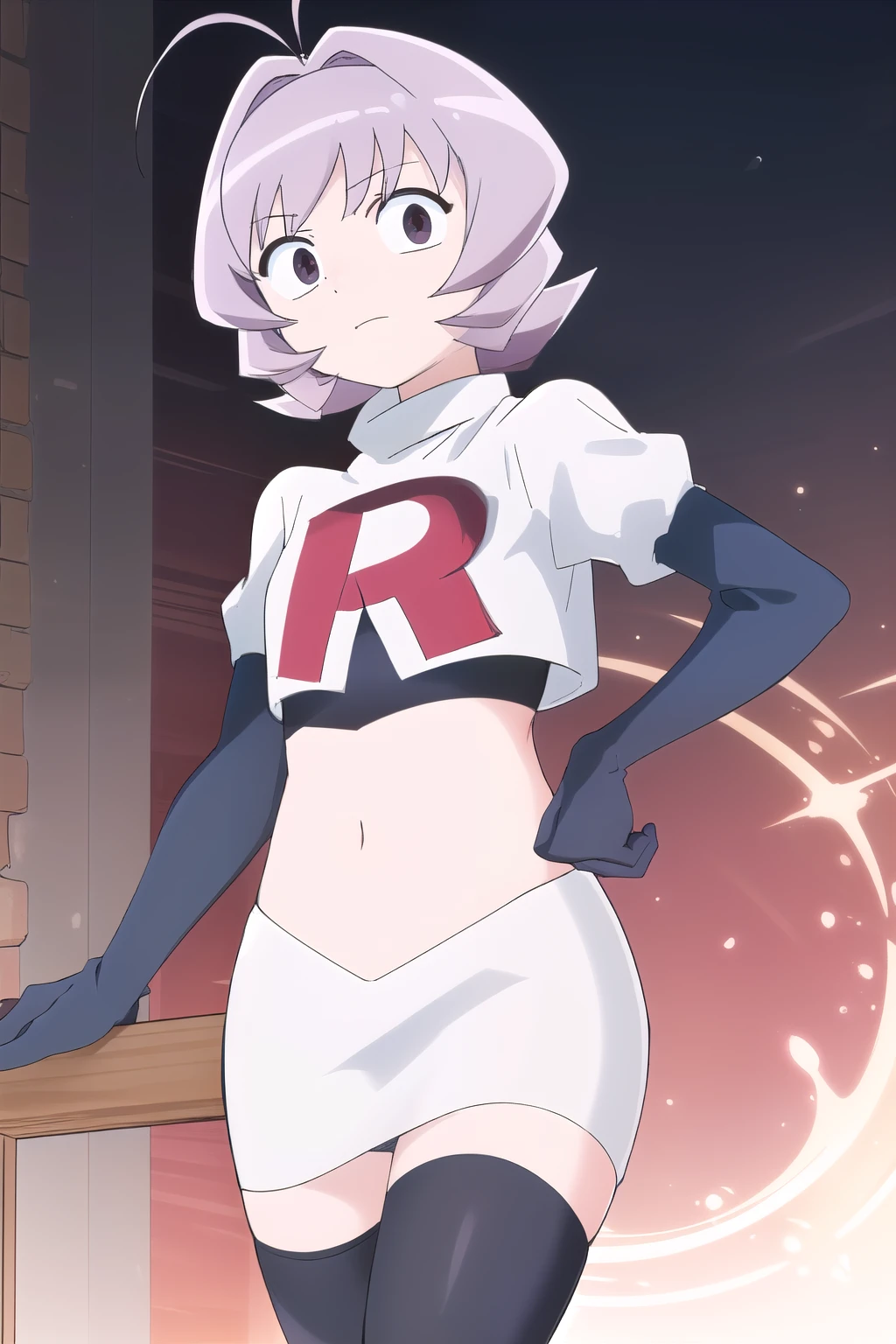 masterpiece, absurdres,male focus, trap, crossdressing,1boy,ON, solo, looking at viewer, team rocket,team rocket uniform,white skirt,red letter R,crop top,black thigh-highs,black elbow gloves, , perfect quality, good quality, masterpiece, HDR, UHD