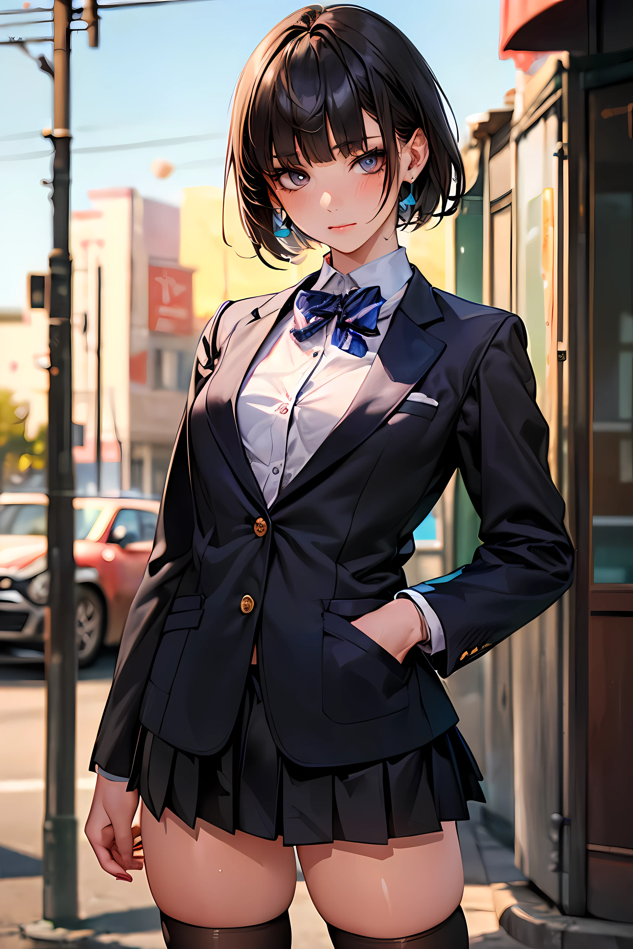 (((perfect anatomy,realistic:1.4,RAW Photography:1.4,masterpiece、highest quality、Ultra - High resolution、High resolution、Highly detailed CG、8K))),cowboy shot,1 female,solo,18 year old beauty,Japanese,((beautiful detailed face and eyes:1.3,big gorgeous eyes:1.3,gray eyes)),black hair,short bob hair,blunt bangs,,blush,(medium breasts,slender body,small head:1.3,skinny),(gleaming skin:1.4,shiny skin),((oily skin:1.4)),(School uniform、Black blazer jacket、Pleated black mini skirt,black_thighhighs),standing,spread legs:1.5,on street,Tokyo、