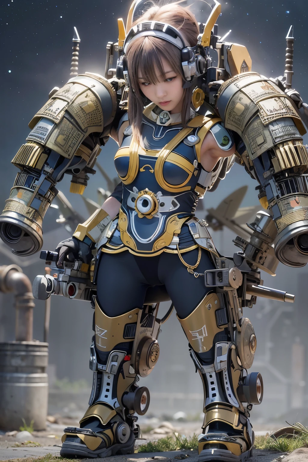 (masterpiece, Highest quality:1.2), (8k uhd, 16k, 32k, Ultra-high resolution), (Photorealistic:1.37), (RAW photo), 究極にReal, 究極にRealなディテール, 究極にRealな質感, Extremely intricate detail、(Mechanical armor inspired by the Zero fighter), Power Pipe, Hydraulic cylinder, Extremely intricate detail, Japanese female soldier in mechanical armor, Extremely cute face, Very beautiful face, Real, full body shot, Departure from the secret base, cyber punk