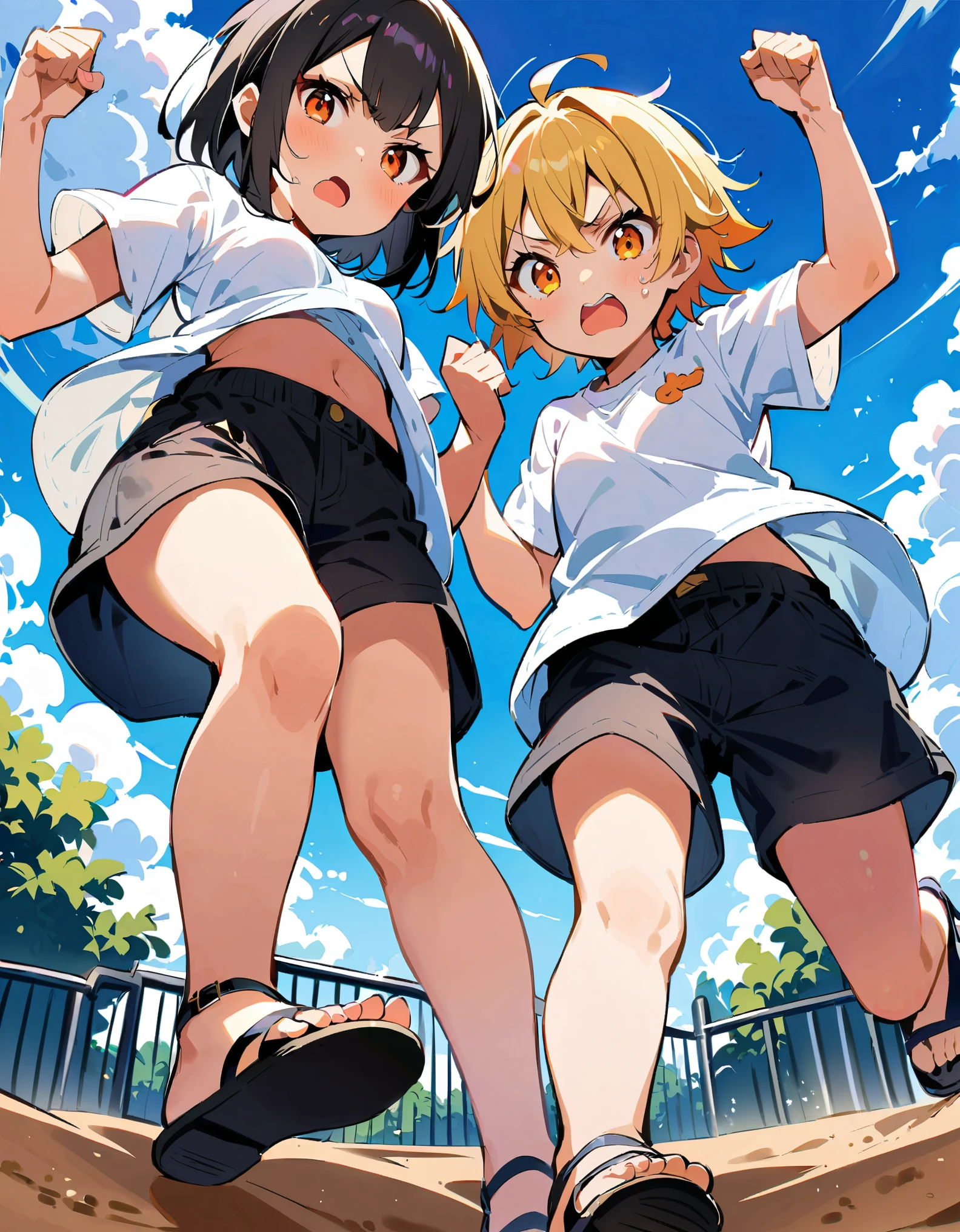 2 girls, very young, one with black short hair and orange eyes, second with shirt yellow hair and orange eyes, white shirt and black shorts, very angry, disgusted, playing in a sandbox on the playground, shot from below, looking at viewer, the one with black hair is wearing shoes, the one with yellow hair is wearing sandals, standing on one leg, about to step on viewer, focus on feet