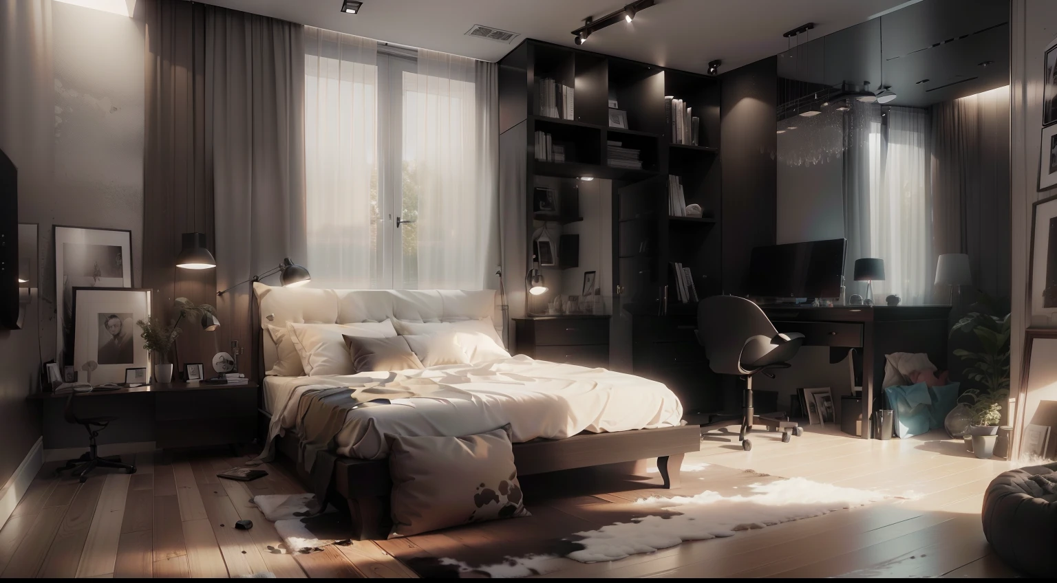 il y a un lit et un bureau dans une chambre, rendu en vray, rendu vrayed, dans le style du rendu 3D, rendu en vray, rendre vray, rendu vray, rendu vraying, super realistic rendre vray, Rendu en V-Ray, Rendu vray 4k, breathtaking rendering, bedroom interior, rendu en povray