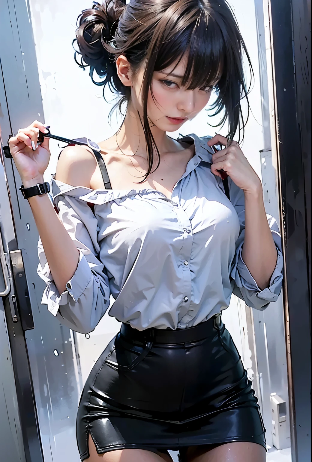 Sh(masterpiece, best quality:1.2), (8k uhd, 16k, 32k, ultra high res), (photorealistic:1.37), (RAW photo), ultimate-realistic, ultimate-realistic details, ultimate-realistic texture, ultimate-intricate details, ultimate-realistic lighting, ultimate-realistic shadow, japanese girl, ultimate-cute face, ultimate-RAW skin, ultimate-realistic eyes, (short cut, holding a glock17, red enamel jacket with bare shoulders, camisole, short shorts, criminal city)